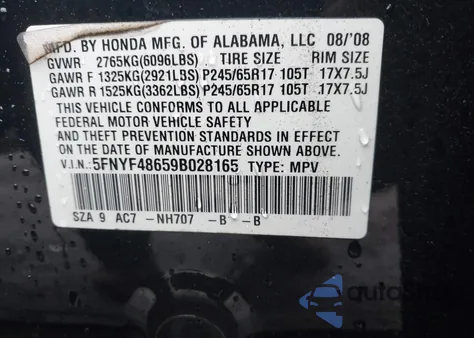 2009 Honda Pilot Ex-L from USA, damaged, VIN 5FNYF48659B028165